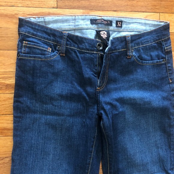 Ed Hardy By Christian Audigier Flared Leg Jeans w/ Rhinestones Bling Pockets - Picture 3 of 9